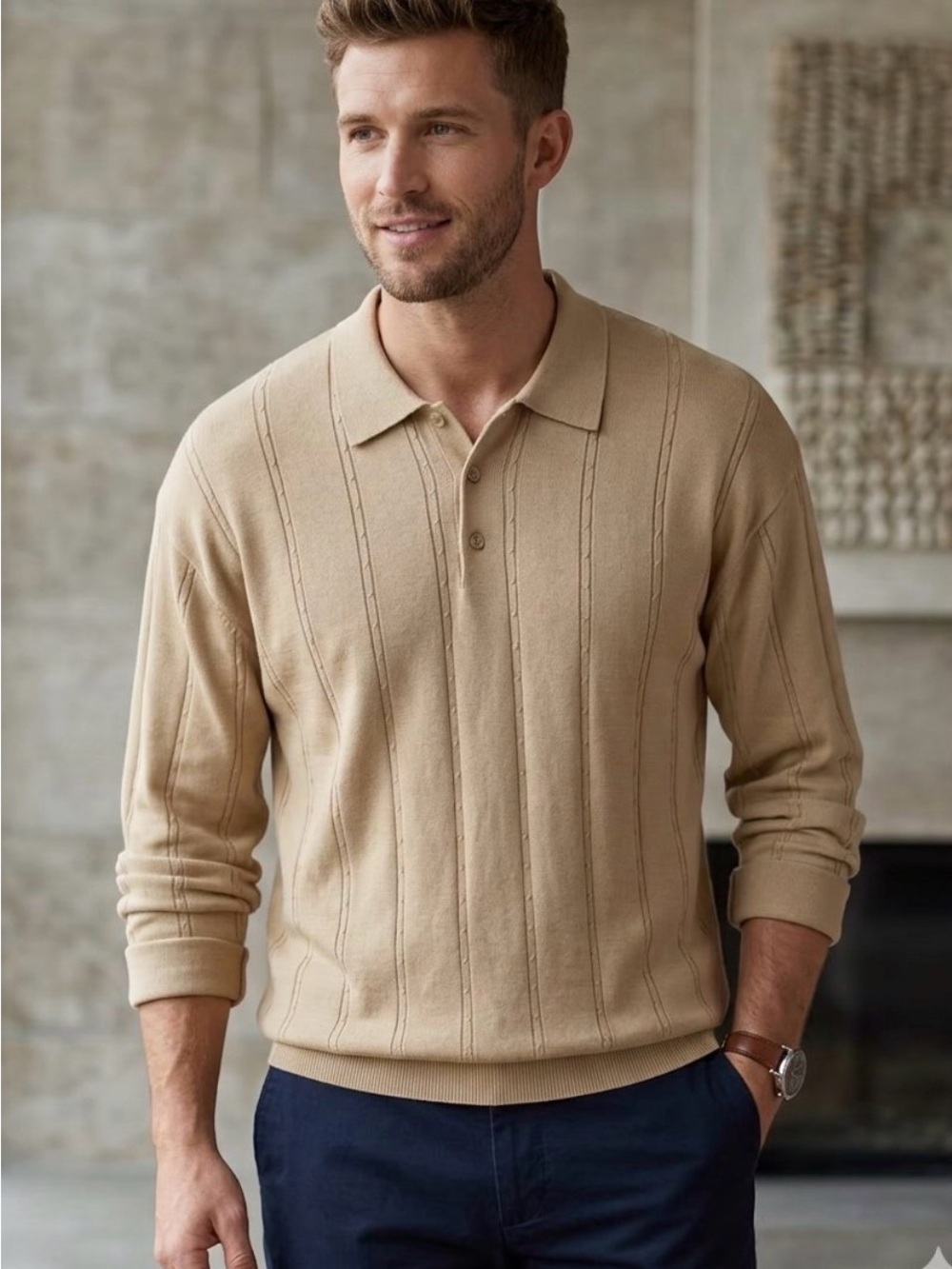 Daniel Bishop Men's Long-Sleeve Polo in Beige 75% silk cotton Oversized SZL NEW